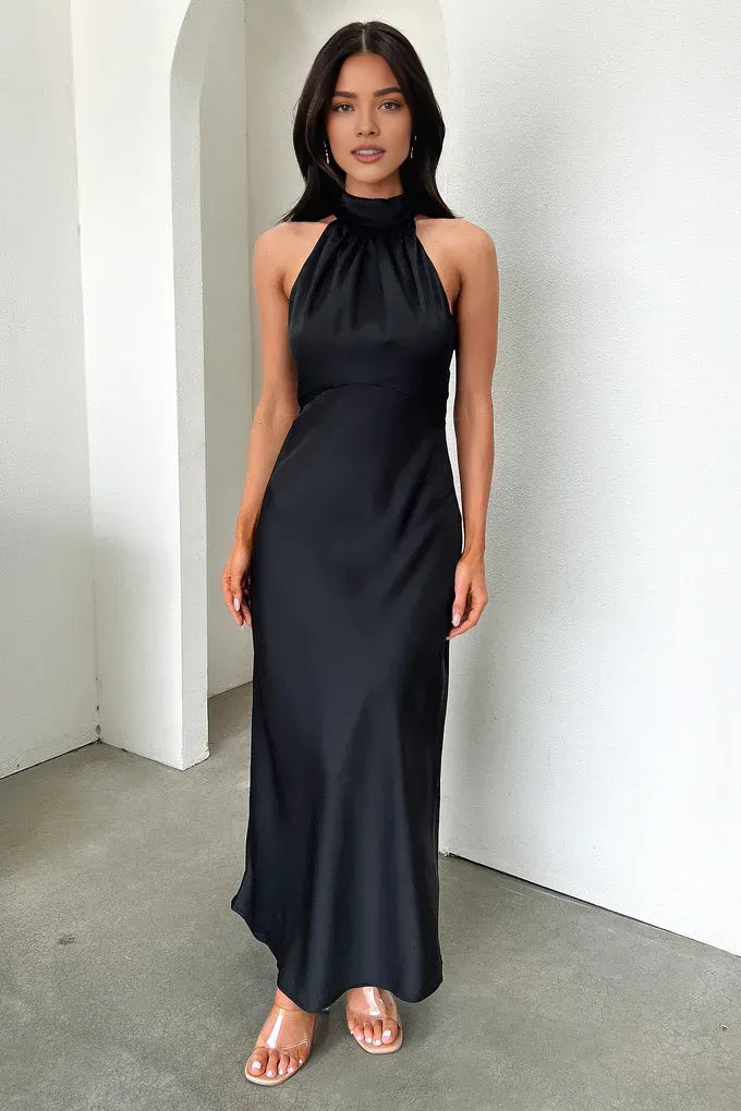 Timeless Special Occasion Elegant Black Satin High Neck Sleeveless Floor-Length Prom Dress