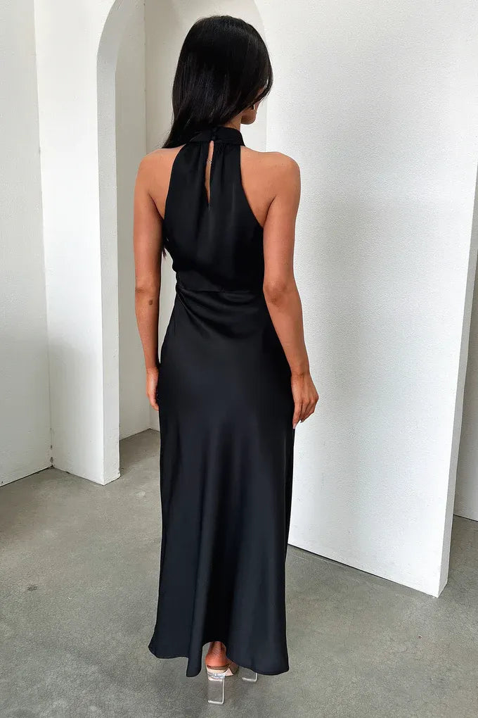 Timeless Special Occasion Elegant Black Satin High Neck Sleeveless Floor-Length Prom Dress