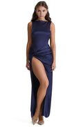 Beautiful Timeless Special Occasion Elegant Navy Blue Satin Sleeveless Floor-Length Prom Dress