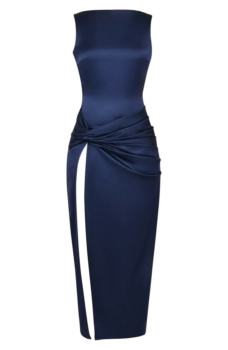 Beautiful Timeless Special Occasion Elegant Navy Blue Satin Sleeveless Floor-Length Prom Dress