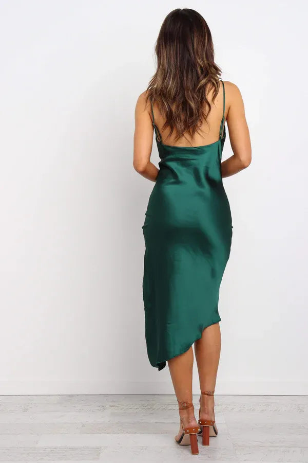 Timeless Special Occasion Sophisticated Elegant Emerald Green Satin Sleeveless Tea-Length Prom Dress