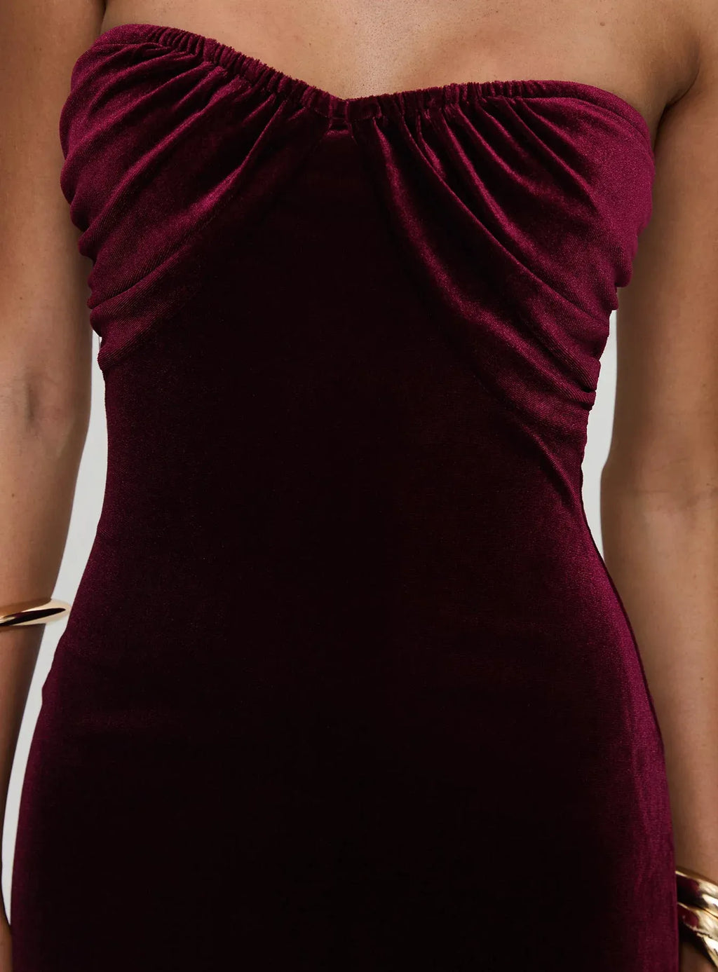 Stylish Refined Beautiful Timeless Elegant Burgundy Velvet Strapless Sleeveless Floor-Length Prom Dress