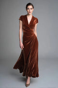 Beautiful Timeless Special Occasion Sophisticated Elegant Red Velvet V-Neck Floor-Length Evening Dress
