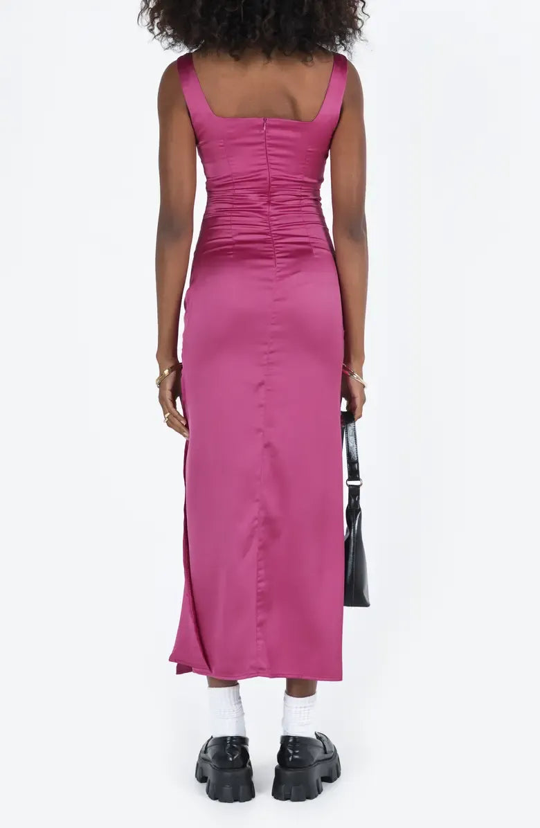 Sophisticated Graceful Stylish Refined Beautiful Elegant Red Satin V-Neck Sleeveless Prom Dress