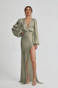 Special Occasion Sophisticated Graceful Elegant Sage Green Satin Long Sleeve Floor-Length Prom Dress