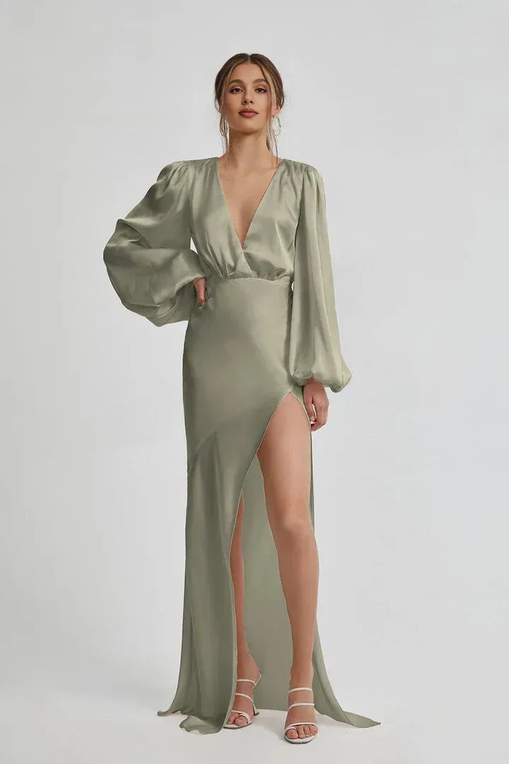 Special Occasion Sophisticated Graceful Elegant Sage Green Satin Long Sleeve Floor-Length Prom Dress