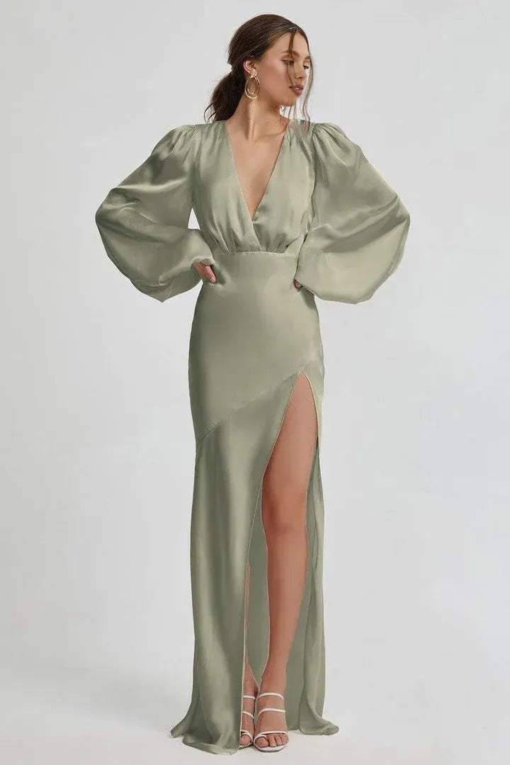 Special Occasion Sophisticated Graceful Elegant Sage Green Satin Long Sleeve Floor-Length Prom Dress
