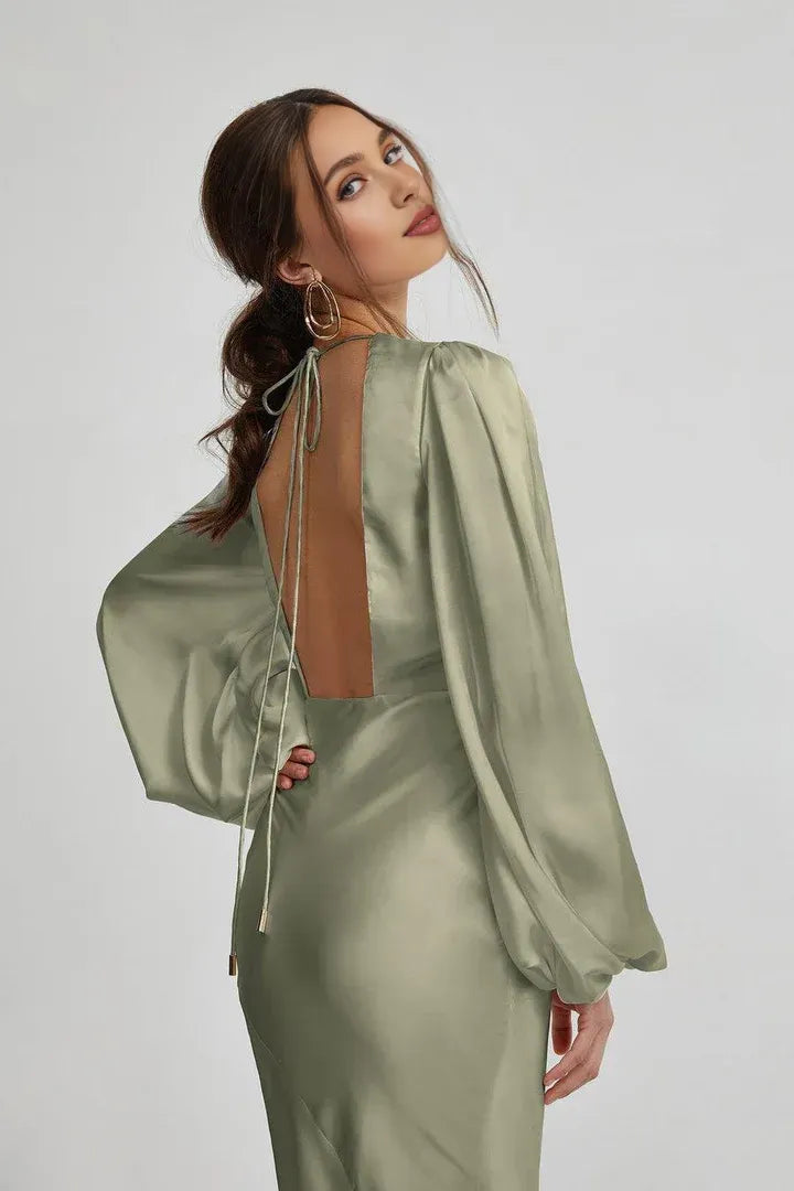 Special Occasion Sophisticated Graceful Elegant Sage Green Satin Long Sleeve Floor-Length Prom Dress
