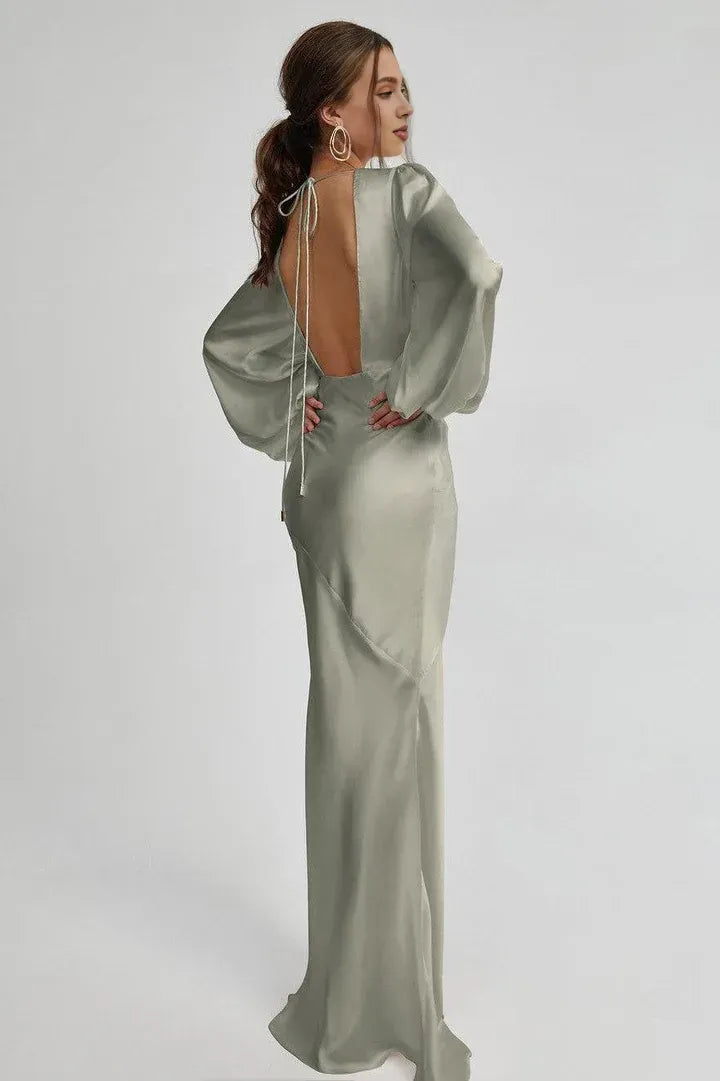 Special Occasion Sophisticated Graceful Elegant Sage Green Satin Long Sleeve Floor-Length Prom Dress
