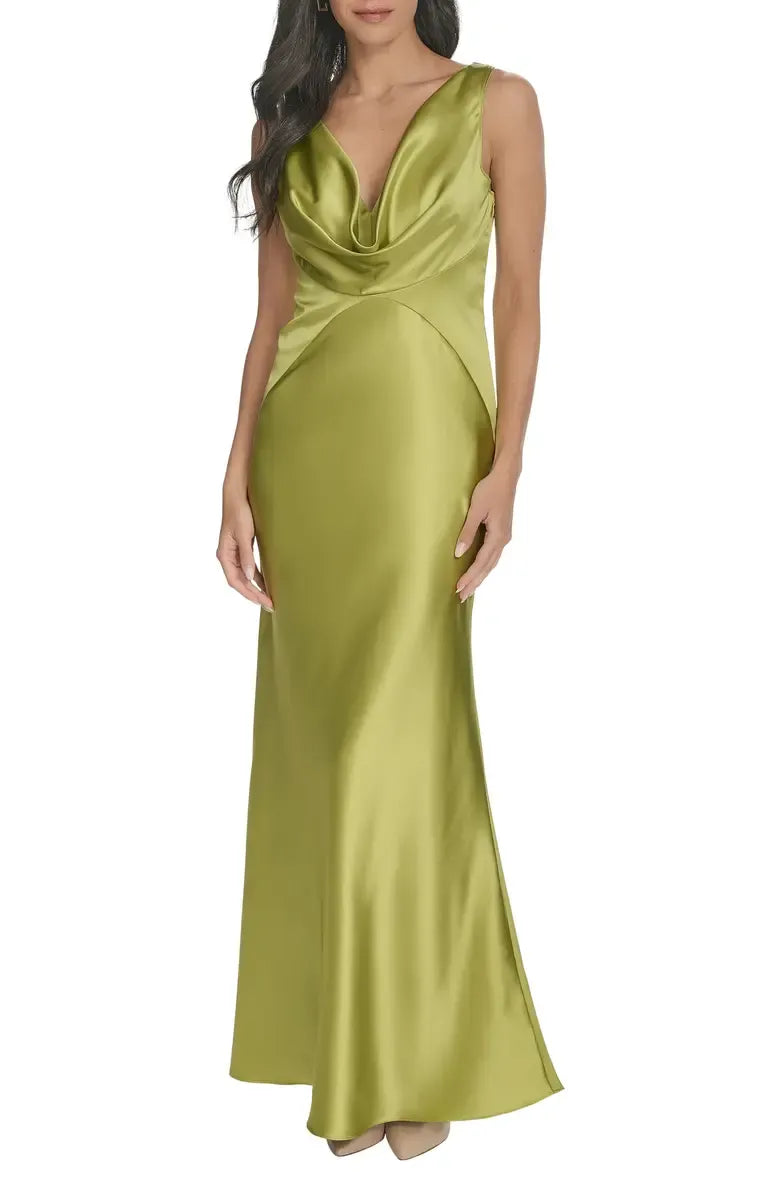 Sophisticated Graceful Stylish Refined Elegant Olive Green Satin Sleeveless Floor-Length Prom Dress