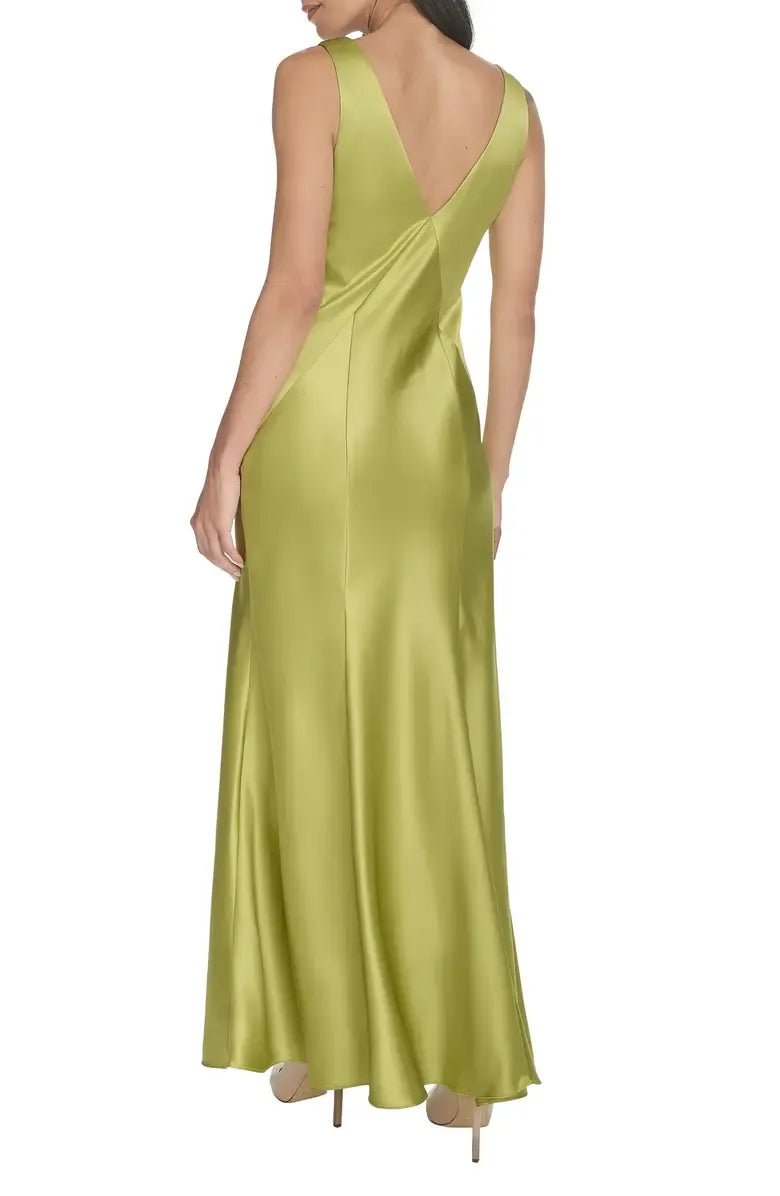 Sophisticated Graceful Stylish Refined Elegant Olive Green Satin Sleeveless Floor-Length Prom Dress