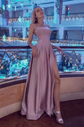 Dusty Pink Halter Backless Dusty High split Long evening Dresses