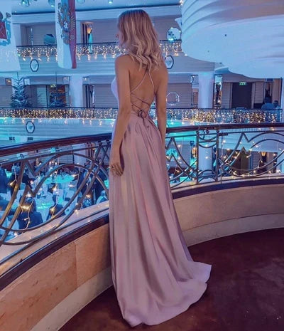 Dusty Pink Halter Backless Dusty High split Long evening Dresses