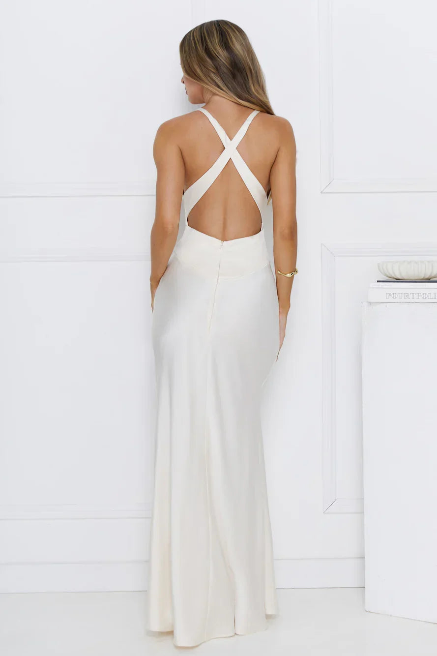 Ivory Mermaid Deep V Neck 3D Flower Open Back Maxi Prom Dress