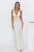 Ivory Mermaid Deep V Neck 3D Flower Open Back Maxi Prom Dress