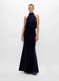 Graceful Stylish Elegant Navy Blue Velvet Mermaid Halter Sleeveless Floor-Length Prom Dress