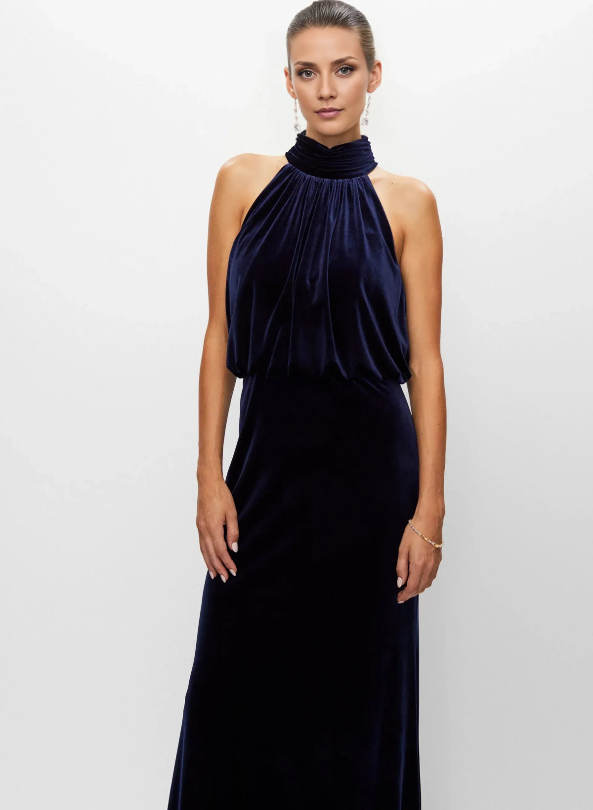 Graceful Stylish Elegant Navy Blue Velvet Mermaid Halter Sleeveless Floor-Length Prom Dress
