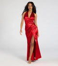 Special Occasion Sophisticated Elegant Red Satin Mermaid Halter Sleeveless Floor-Length Prom Dress