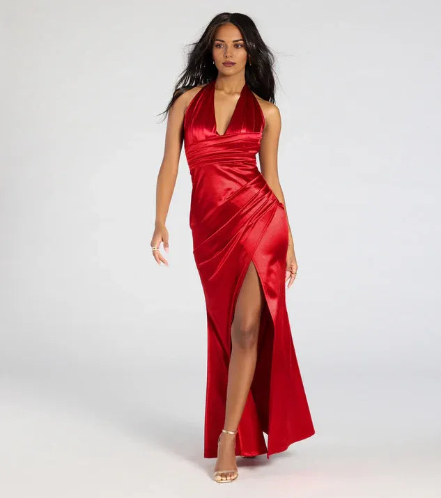 Special Occasion Sophisticated Elegant Red Satin Mermaid Halter Sleeveless Floor-Length Prom Dress