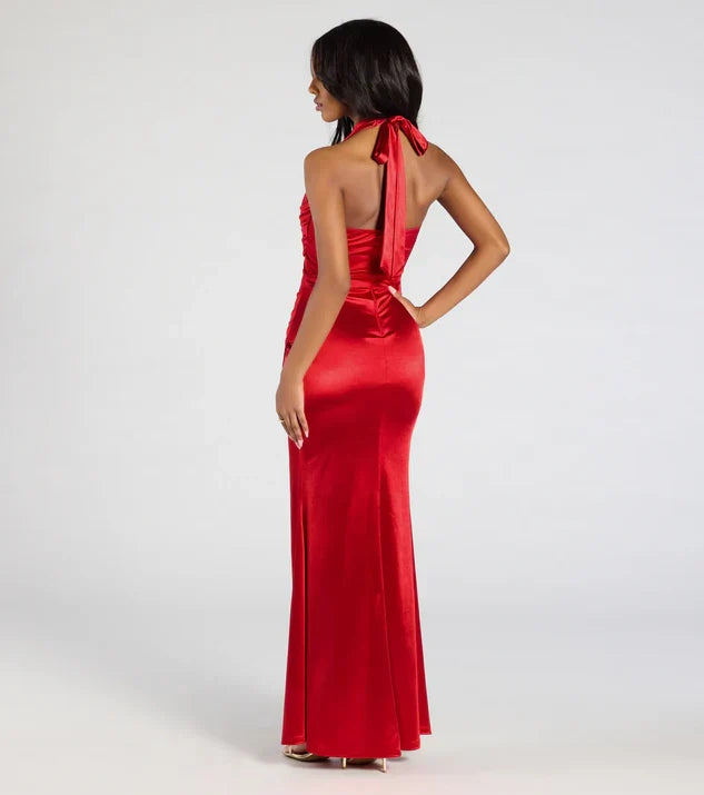 Special Occasion Sophisticated Elegant Red Satin Mermaid Halter Sleeveless Floor-Length Prom Dress
