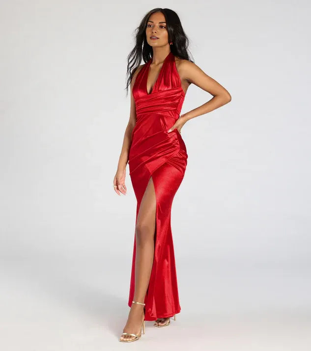 Special Occasion Sophisticated Elegant Red Satin Mermaid Halter Sleeveless Floor-Length Prom Dress