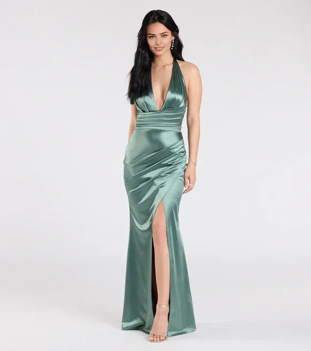 Special Occasion Sophisticated Elegant Red Satin Mermaid Halter Sleeveless Floor-Length Prom Dress