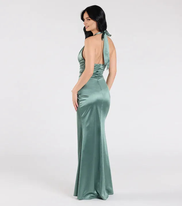 Special Occasion Sophisticated Elegant Red Satin Mermaid Halter Sleeveless Floor-Length Prom Dress