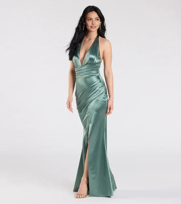 Special Occasion Sophisticated Elegant Red Satin Mermaid Halter Sleeveless Floor-Length Prom Dress