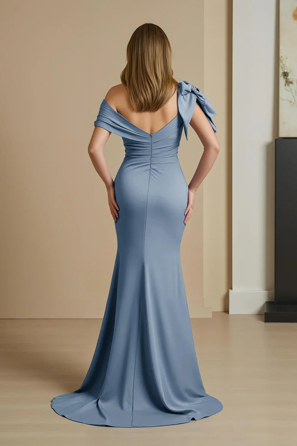 Stylish Refined Elegant Dusty Blue Satin Mermaid Mother of the Bride Dress