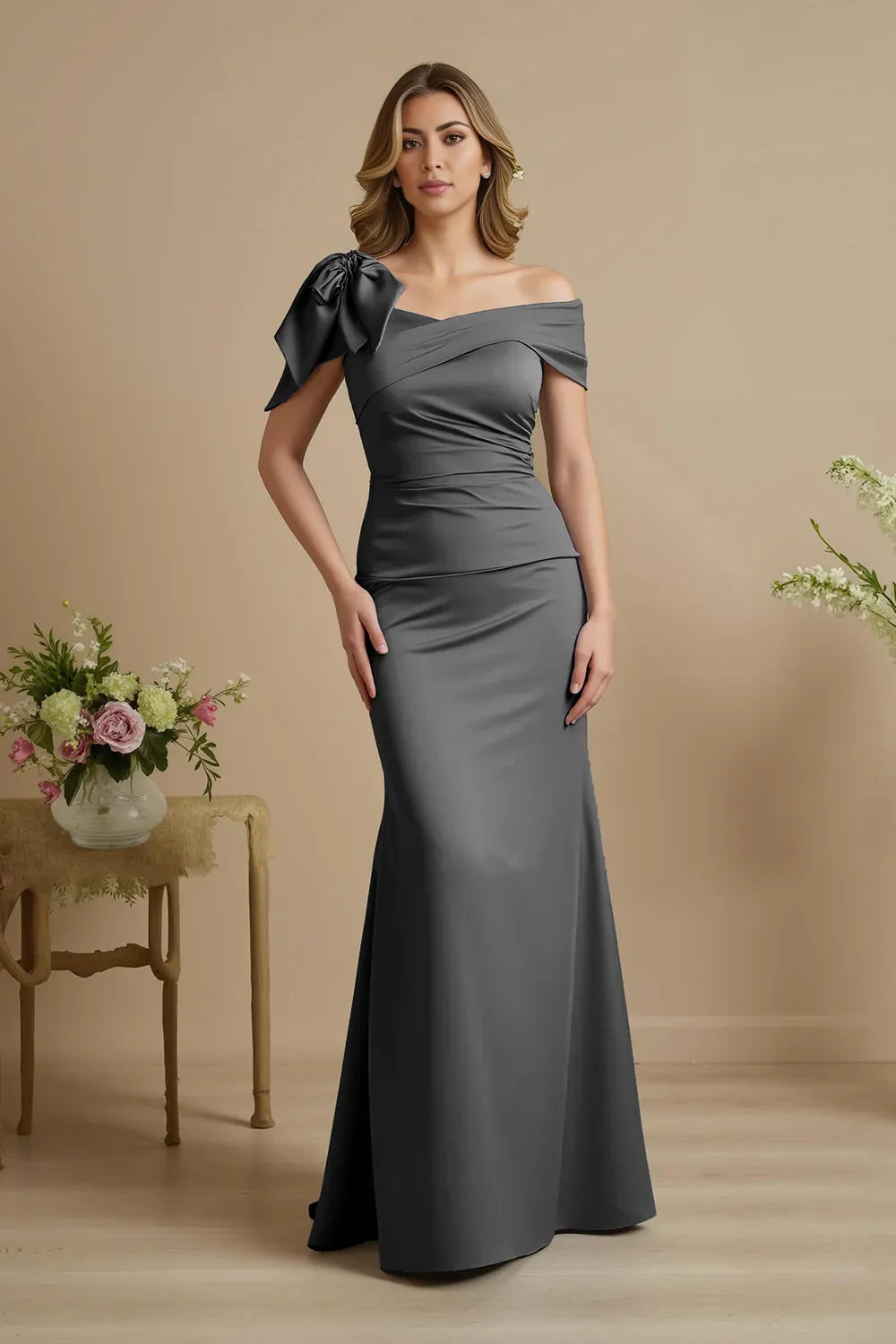 Stylish Refined Elegant Dusty Blue Satin Mermaid Mother of the Bride Dress