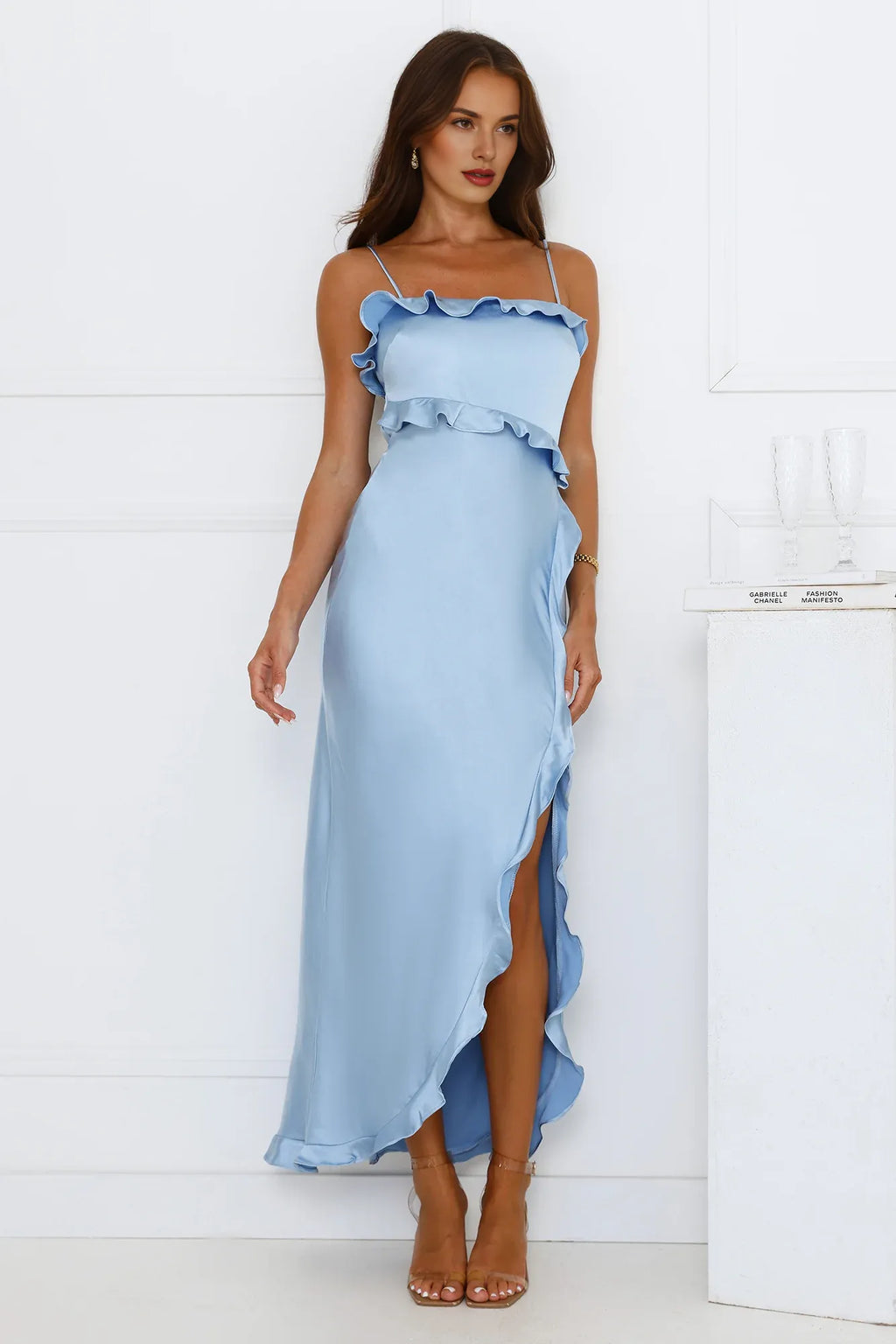 Blue Mermaid Spaghetti Straps Ruffle Maxi Prom Dress With Slit