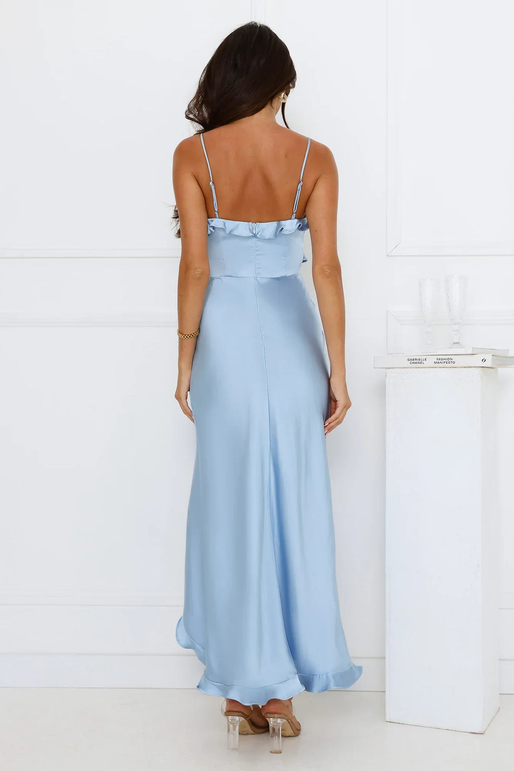Blue Mermaid Spaghetti Straps Ruffle Maxi Prom Dress With Slit