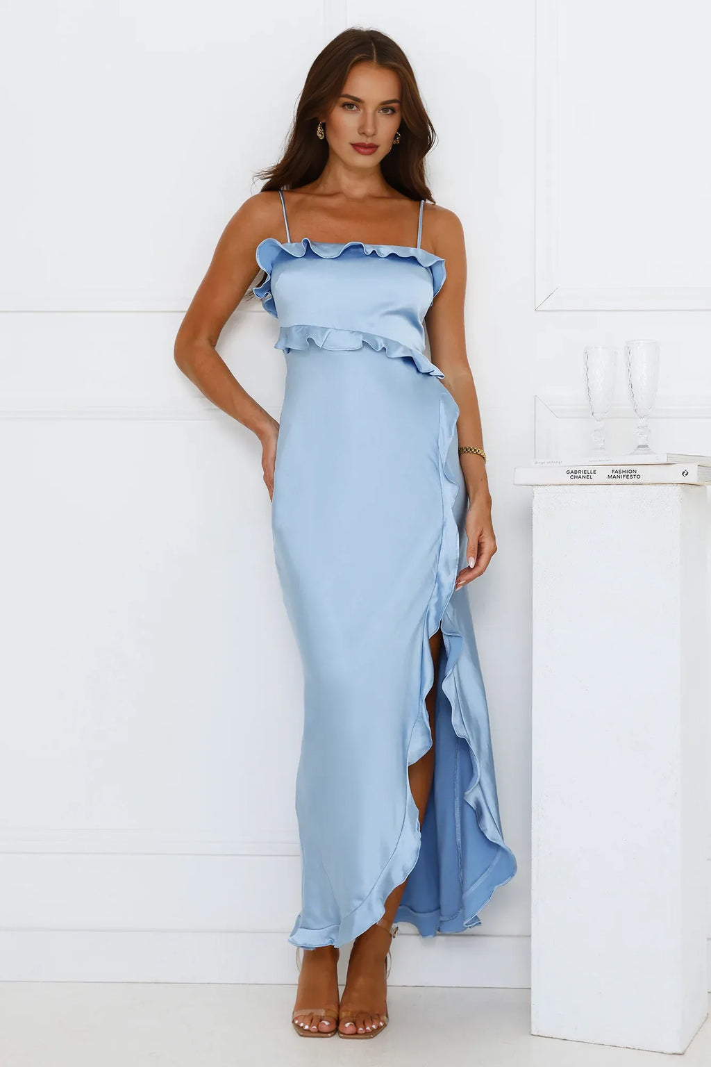 Blue Mermaid Spaghetti Straps Ruffle Maxi Prom Dress With Slit