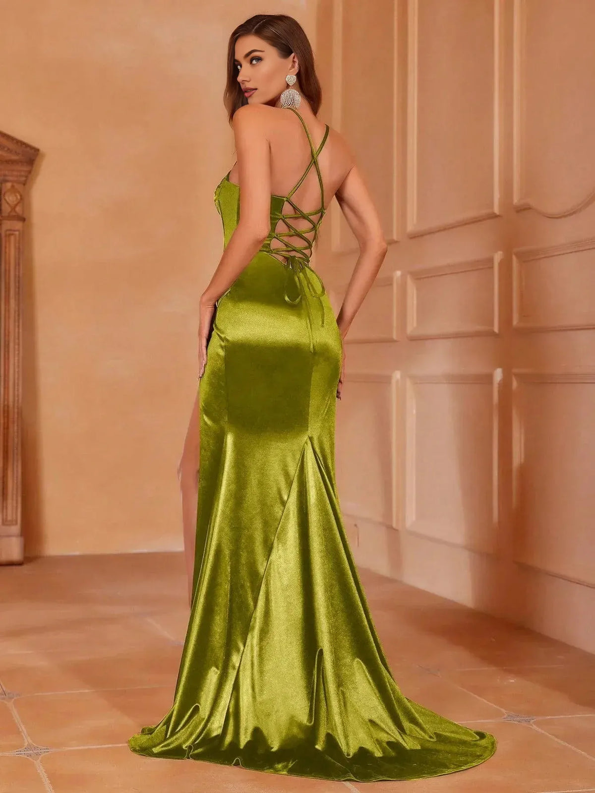 Timeless Special Occasion Sophisticated Elegant Olive Green Lace Mermaid Sleeveless Prom Dress