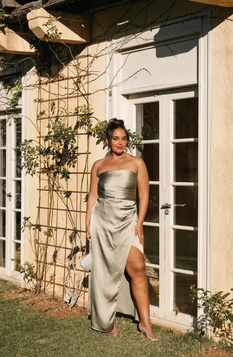 Stylish Refined Beautiful Elegant Sage Green Satin Mermaid Strapless Sleeveless Prom Dress