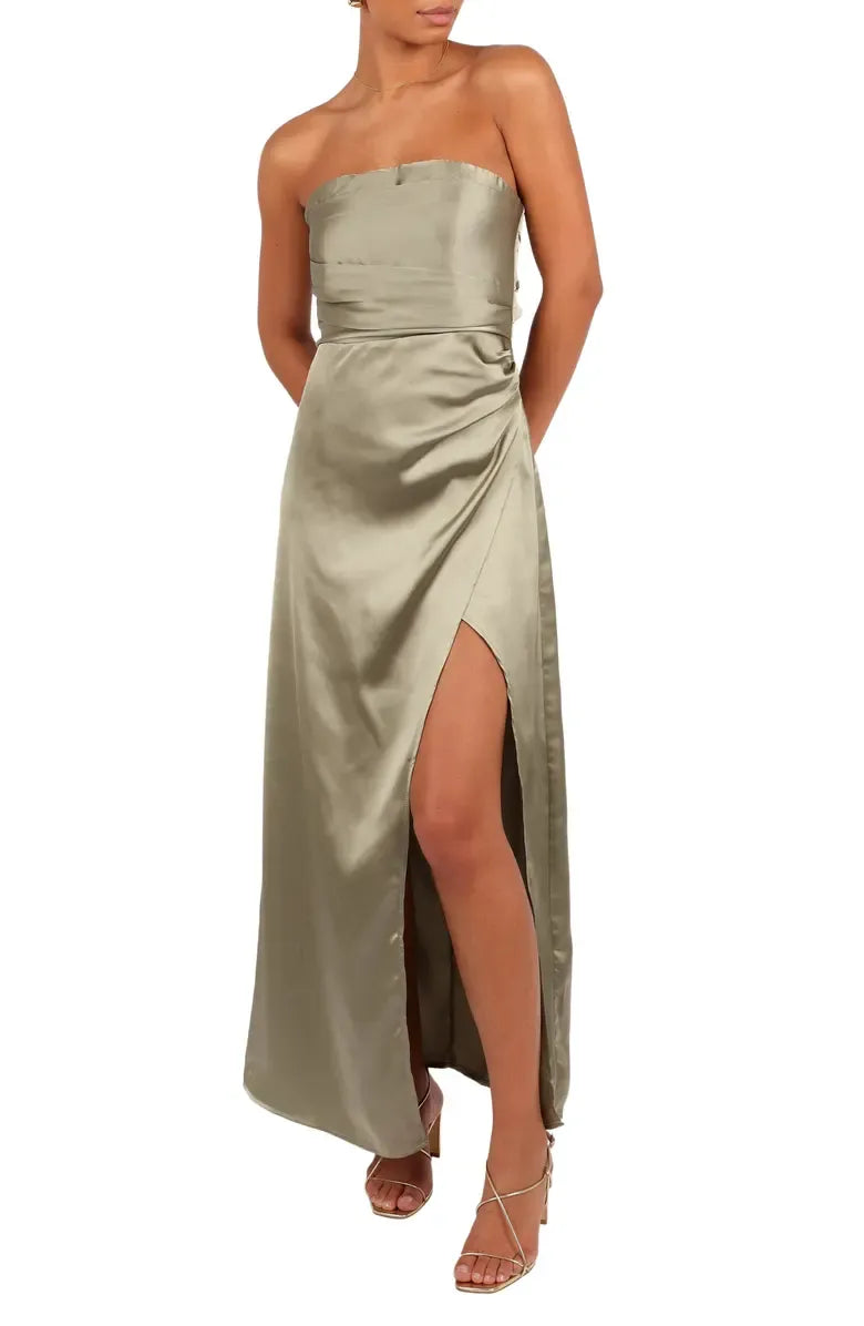Stylish Refined Beautiful Elegant Sage Green Satin Mermaid Strapless Sleeveless Prom Dress