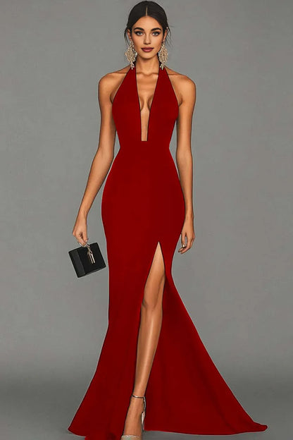 Stylish Refined Beautiful Timeless Elegant Black Satin Mermaid Halter Sleeveless Evening Dress
