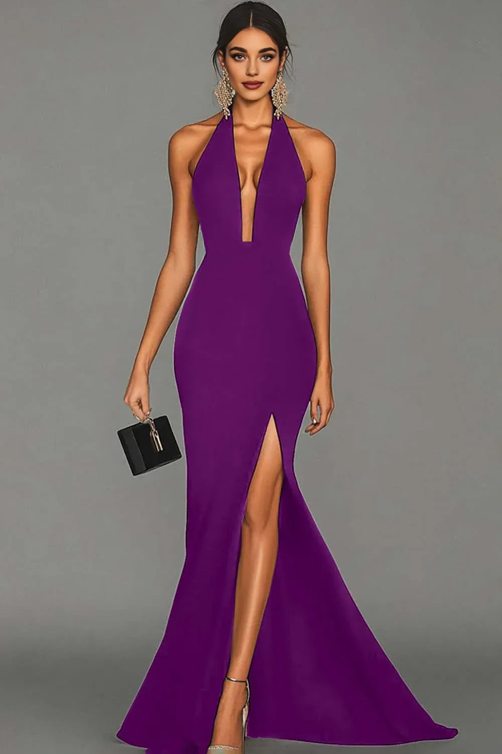 Stylish Refined Beautiful Timeless Elegant Black Satin Mermaid Halter Sleeveless Evening Dress