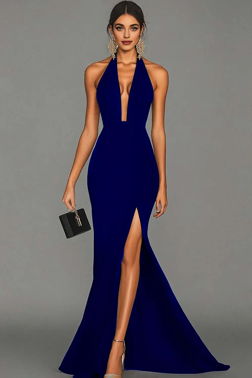 Stylish Refined Beautiful Timeless Elegant Black Satin Mermaid Halter Sleeveless Evening Dress