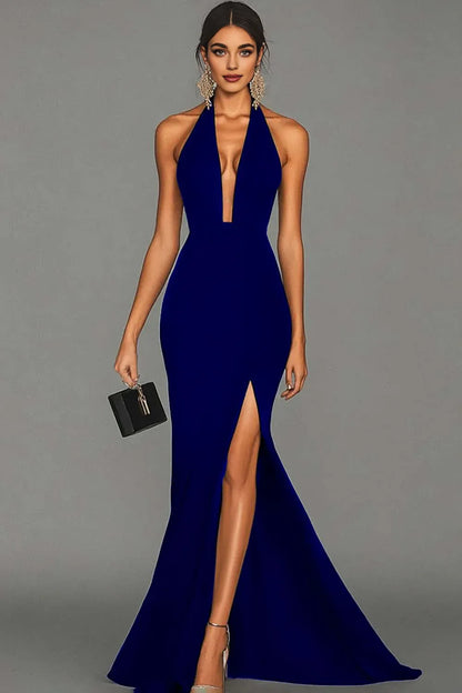 Stylish Refined Beautiful Timeless Elegant Black Satin Mermaid Halter Sleeveless Evening Dress