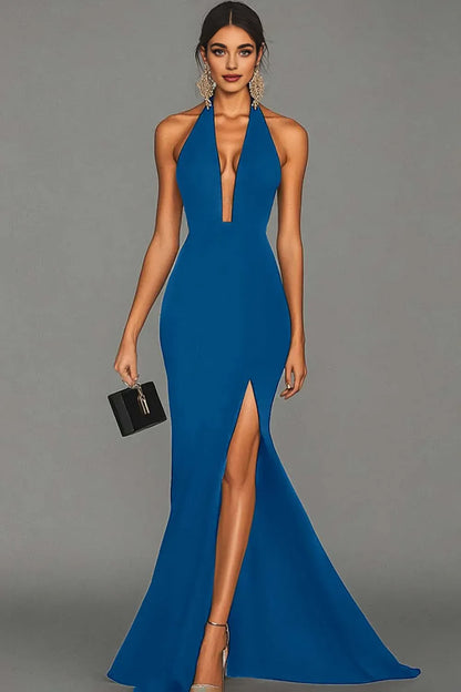 Stylish Refined Beautiful Timeless Elegant Black Satin Mermaid Halter Sleeveless Evening Dress