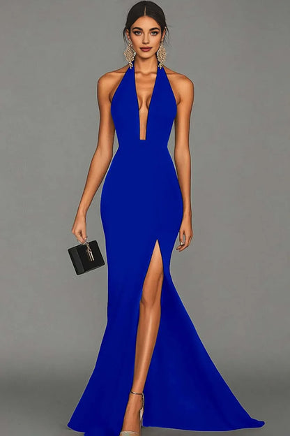Stylish Refined Beautiful Timeless Elegant Black Satin Mermaid Halter Sleeveless Evening Dress
