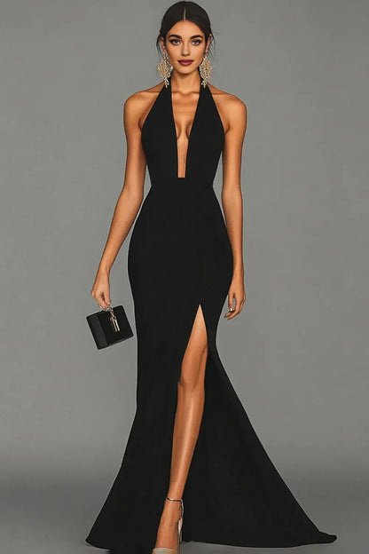 Stylish Refined Beautiful Timeless Elegant Black Satin Mermaid Halter Sleeveless Evening Dress