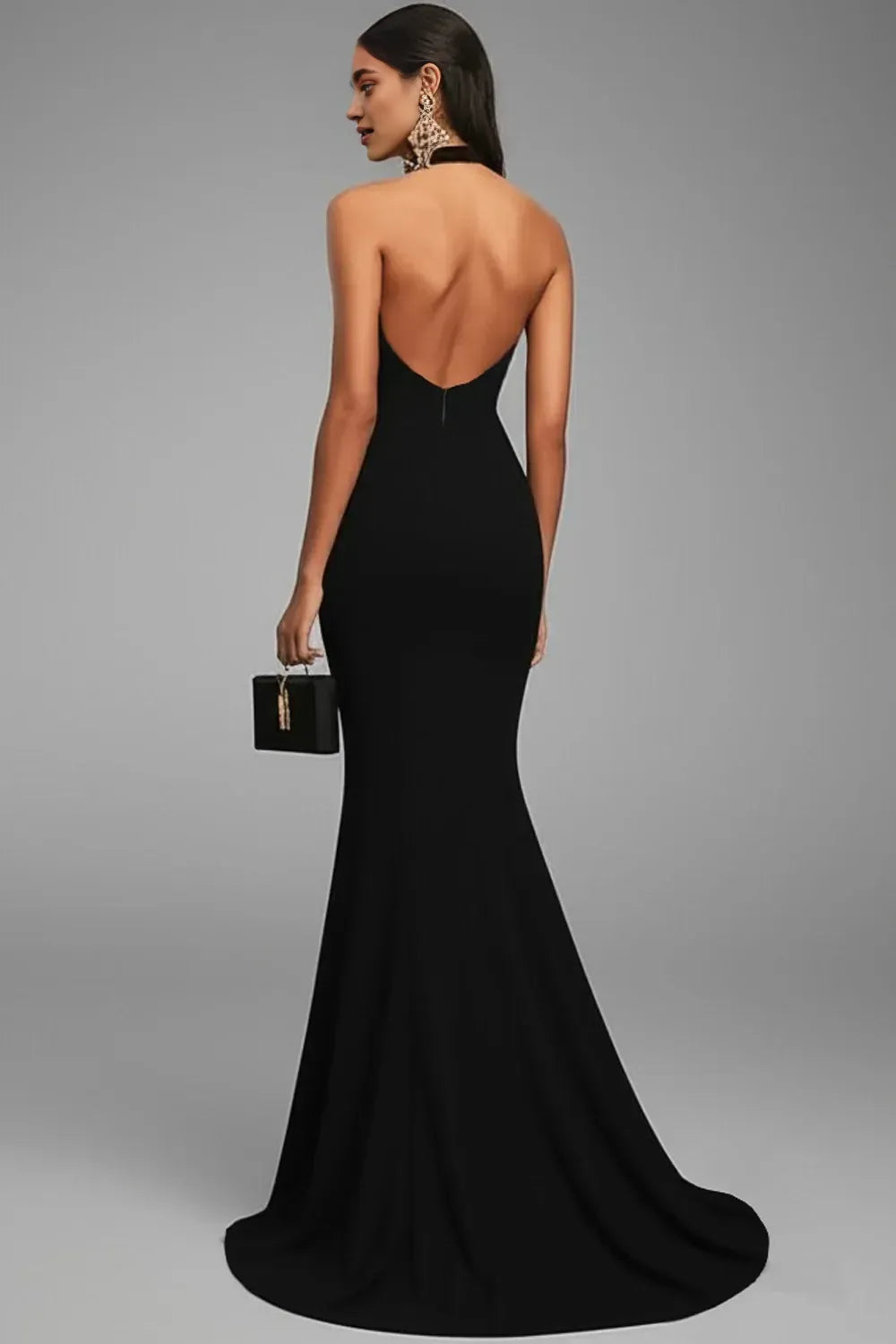 Stylish Refined Beautiful Timeless Elegant Black Satin Mermaid Halter Sleeveless Evening Dress