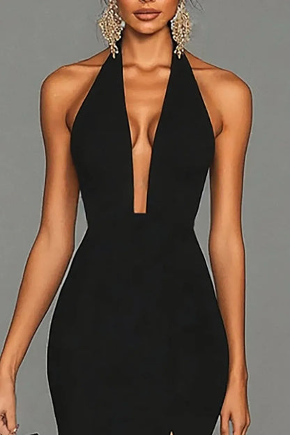 Stylish Refined Beautiful Timeless Elegant Black Satin Mermaid Halter Sleeveless Evening Dress