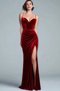 Graceful Stylish Refined Beautiful Elegant Burgundy Velvet Mermaid Sleeveless Floor-Length Evening Dress