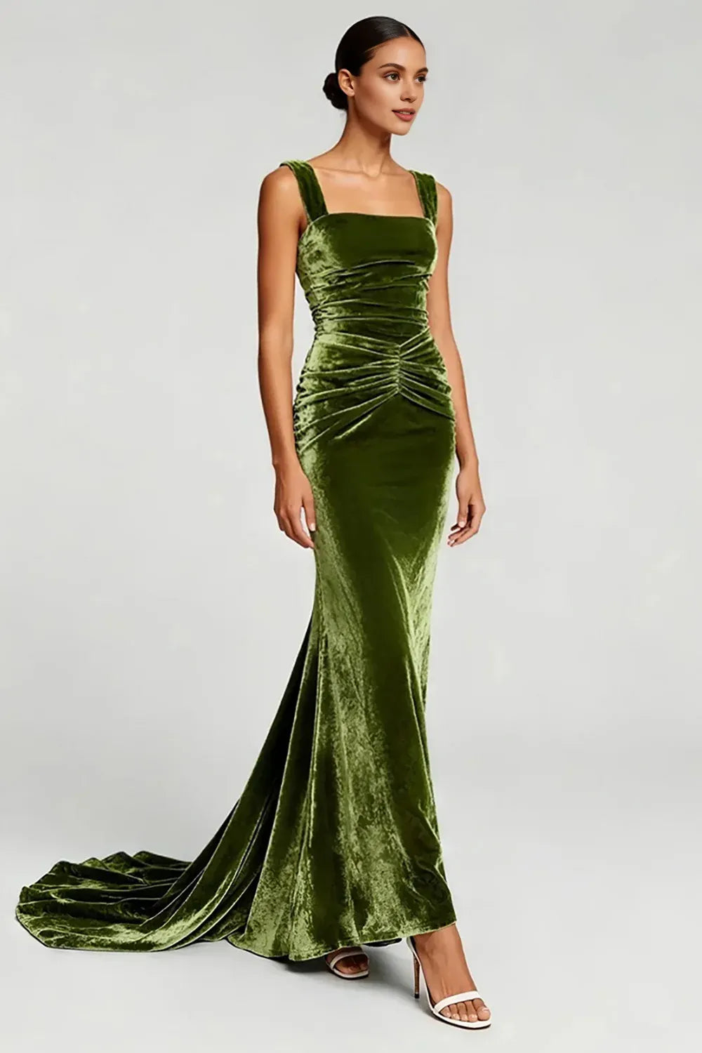Beautiful Timeless Elegant Olive Green Velvet Mermaid Square Neck Sleeveless Prom Dress