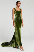 Beautiful Timeless Elegant Olive Green Velvet Mermaid Square Neck Sleeveless Prom Dress