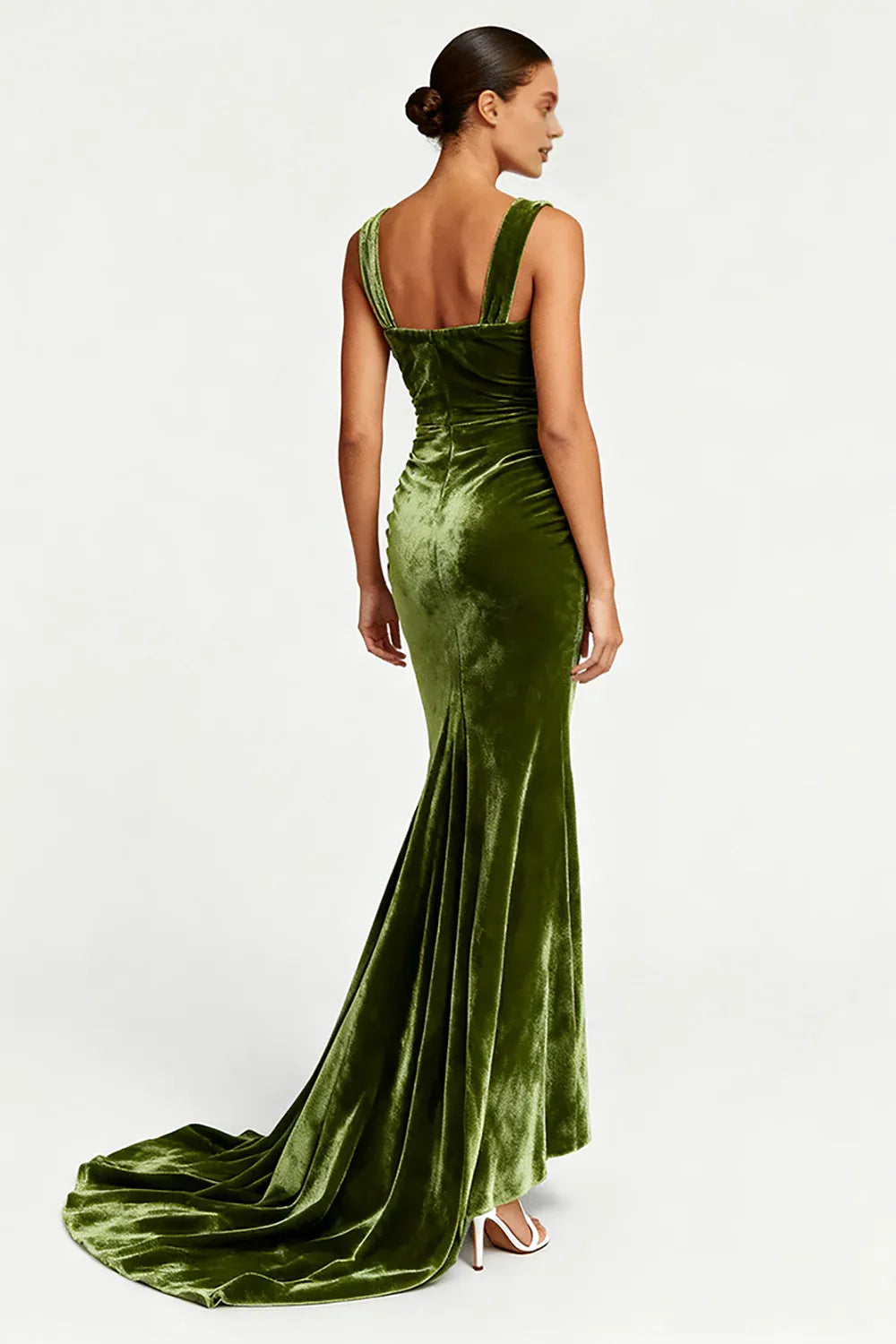 Beautiful Timeless Elegant Olive Green Velvet Mermaid Square Neck Sleeveless Prom Dress
