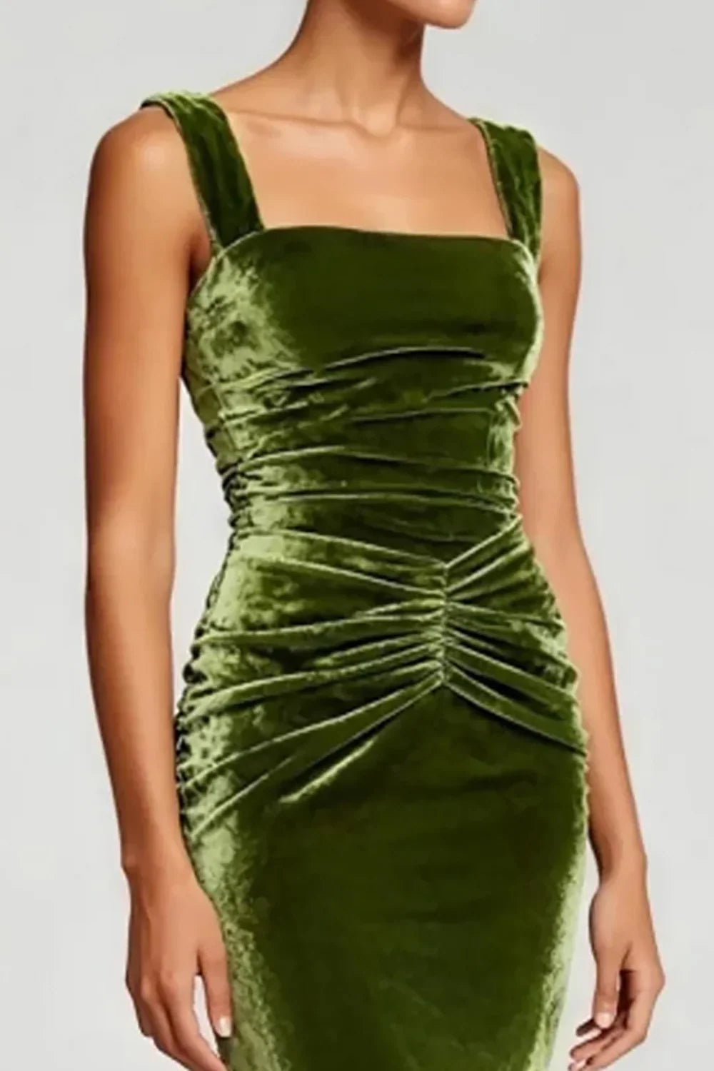 Beautiful Timeless Elegant Olive Green Velvet Mermaid Square Neck Sleeveless Prom Dress